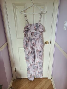American Eagle Outfitters Pink Floral Strapless Ruffle Jumpsuit